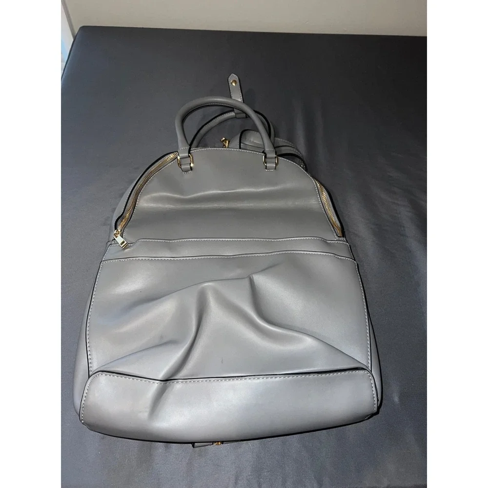 A New Day Gray Faux Leather Convertible Backpack Purse Gold Hardware Minimalist